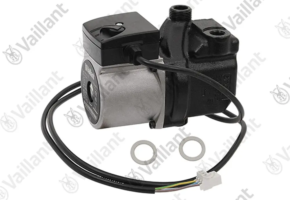 Vaillant Pumpe mit einem elektrischen Anschluss, zwei Dichtungen und einem kompakten Gehäuse. Dargestellt ist das Produkt von der Seite.